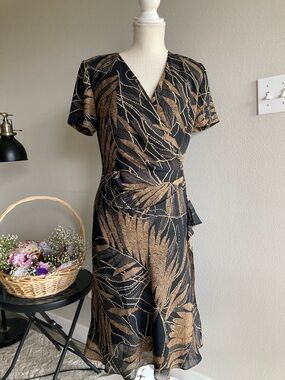 Coldwater Creek Black Wrap Dress with Gold Leaf Print